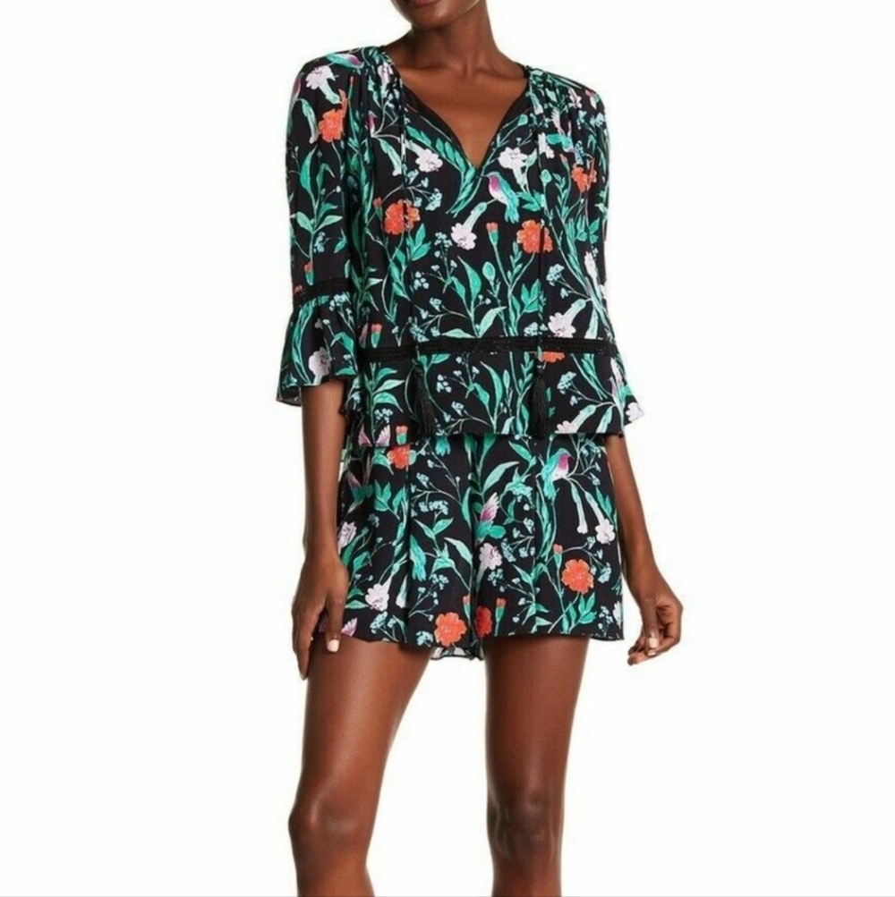 Kate Spade Black Floral Hummingbird V-Neck Romper 0